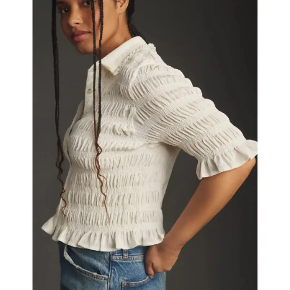Maeve Smocked Button-Front Top Vanilla White Medium